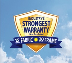 Industry's Strongest Warranty Non Pro-Rated 15 Years Fabric 20 Years Frame badge.