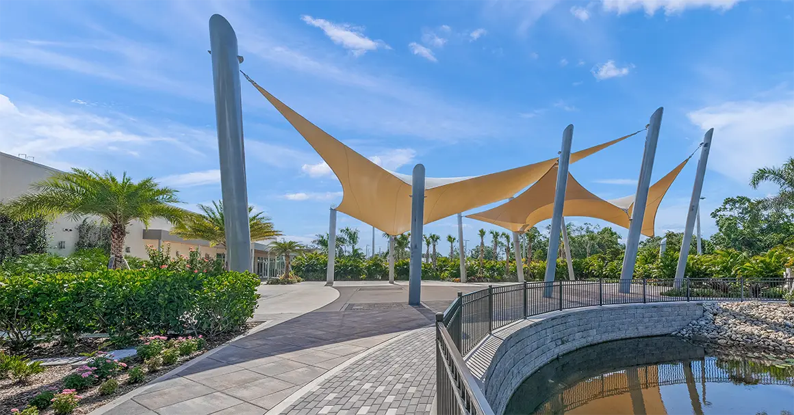 The Ora, an event center in Sarasota, FL, features a large shade design on its Plaza Terrace.